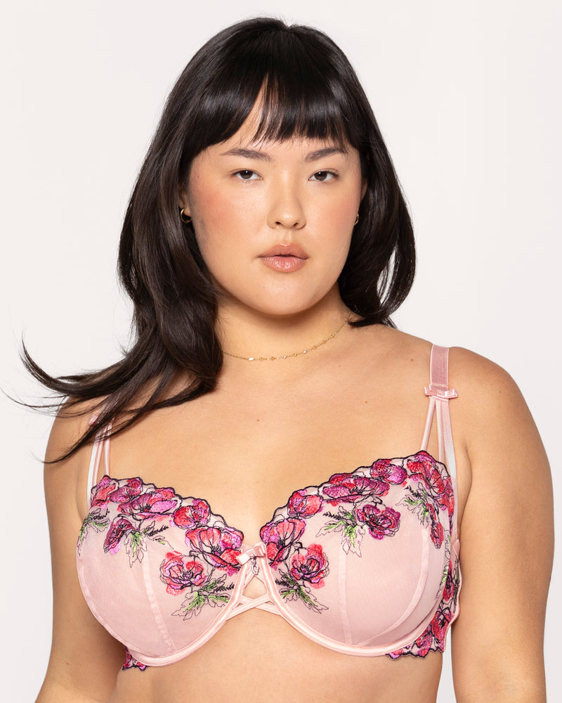 Lush Embroidery Unlined Full Coverage Balconette	Bra, Blushing Rose Red - Curvy Couture - Emb