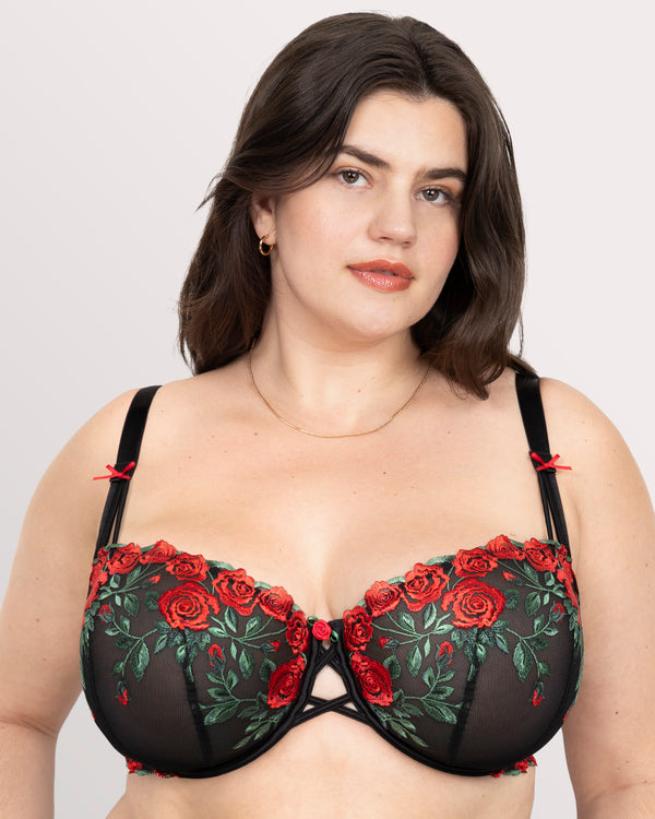 Lush Embroidery Unlined Full Coverage Balconette Bra, Rose Garden Black - Curvy Couture - Emb