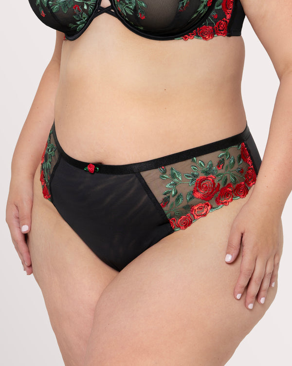 Lush Embroidery Strappy Back Brief, Rose Garden Black - Curvy Couture - Emb