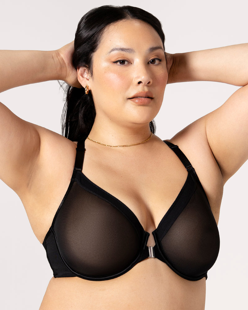 Sheer Mesh Front Close Racerback Unlined Bra Black Hue Curvy Couture sheer-mesh-front-close-racerback-unlined-bra-black-hue-curvy-couture