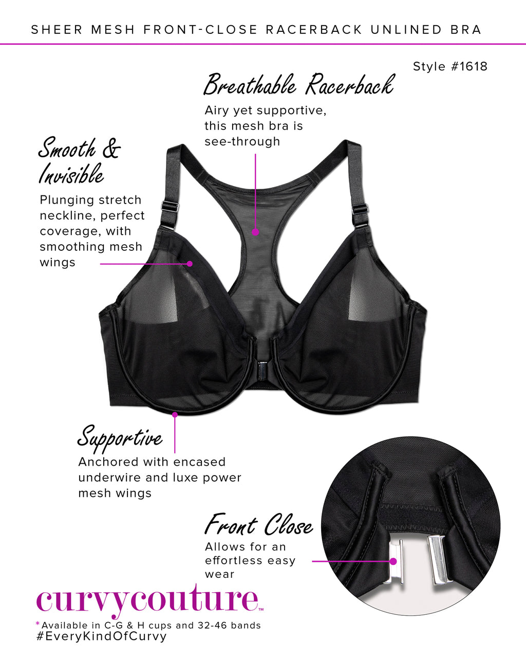 Sheer Racerback Sheer Mesh Front-Close Racerback Unlined Bra - Blushing Rose – Curvy ...
