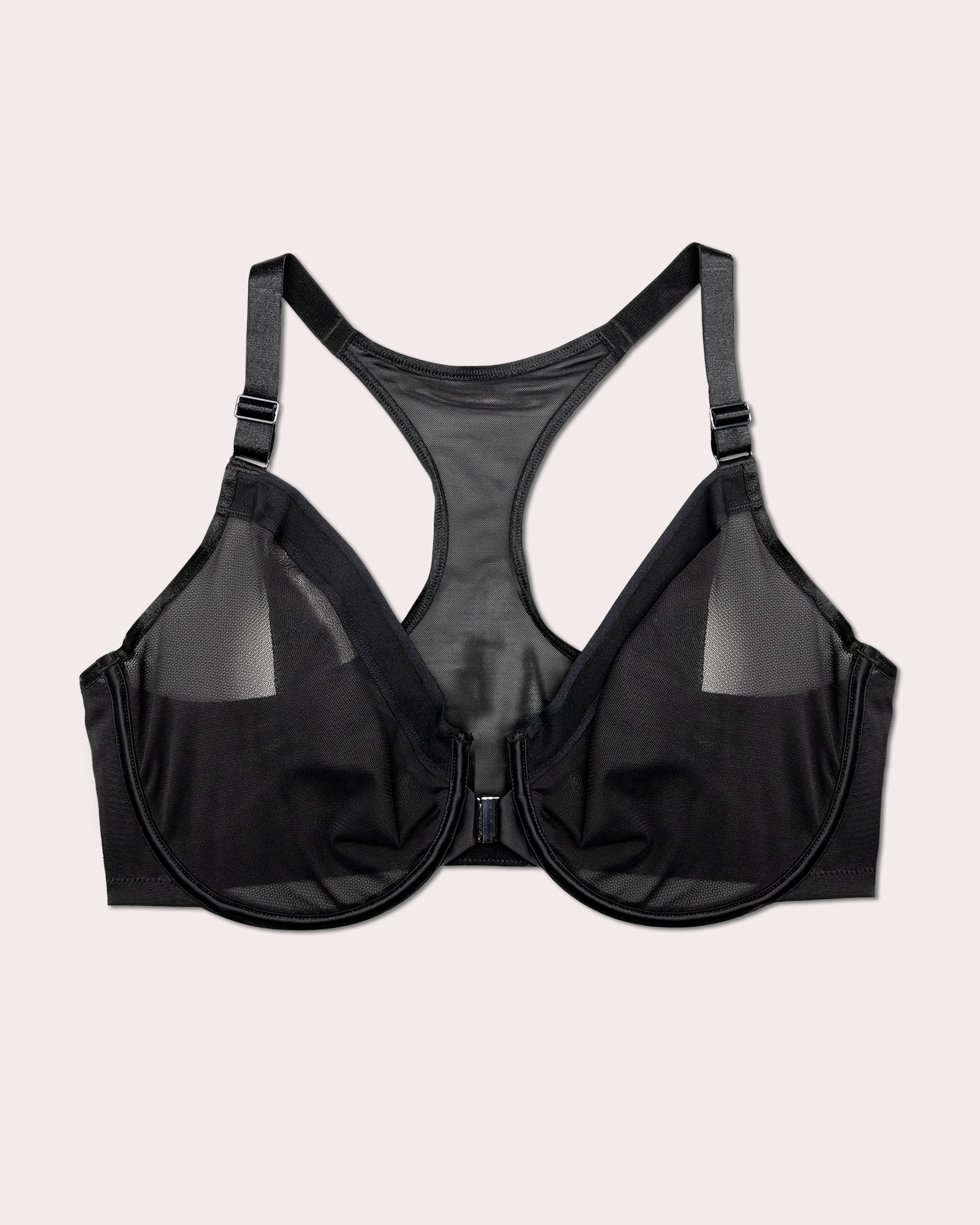 Sheer Racerback Sheer Mesh Front-Close Racerback Unlined Bra - Black Hue – Curvy Couture