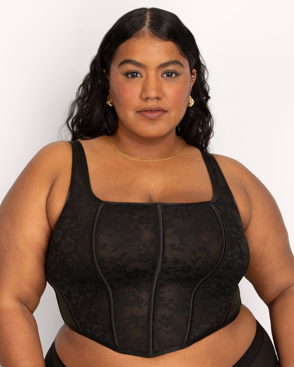 No-Show Lace Bustier Bra Top, Black Hue Black - Curvy Couture - Lace