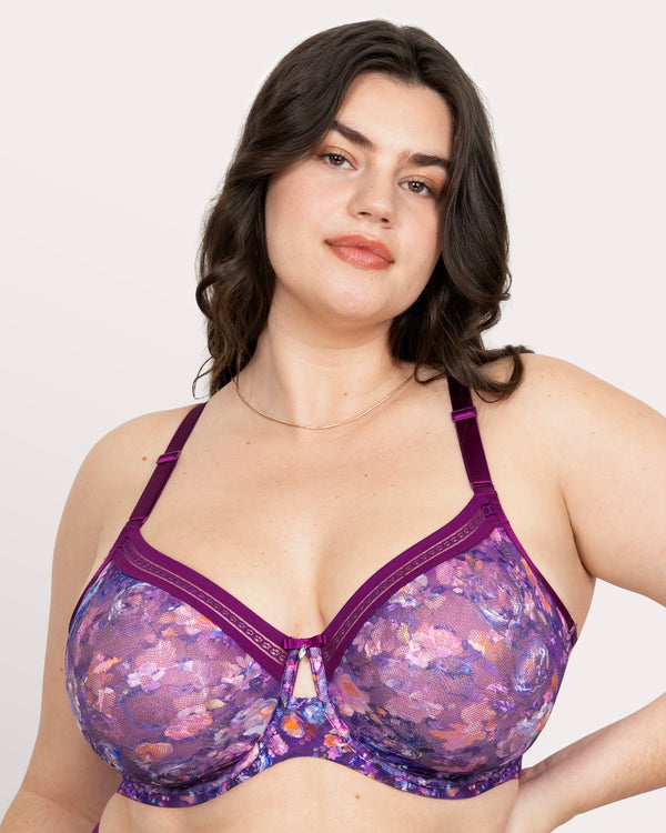 No-Show Printed Lace Unlined Bra, Enchanted Twilight Purple - Curvy Couture - Lace