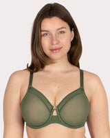 Sheer Mesh Full Coverage Unlined Underwire Bra, Bronze Green Green - Curvy Couture - Mesh