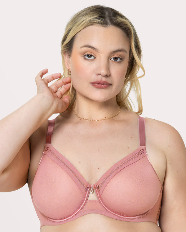 Sheer Mesh Full Coverage Unlined Underwire Bra, Wisteria Red - Curvy Couture - Mesh