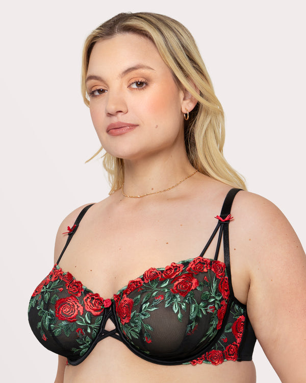 Lush Embroidery Unlined Full Coverage Balconette Bra, Rose Garden Black - Curvy Couture - Emb