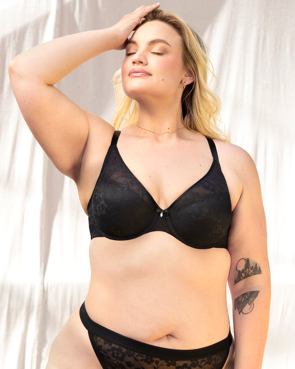 No-Show Lace Plunge T-Shirt Bra, Black Hue Black - Curvy Couture - Lace