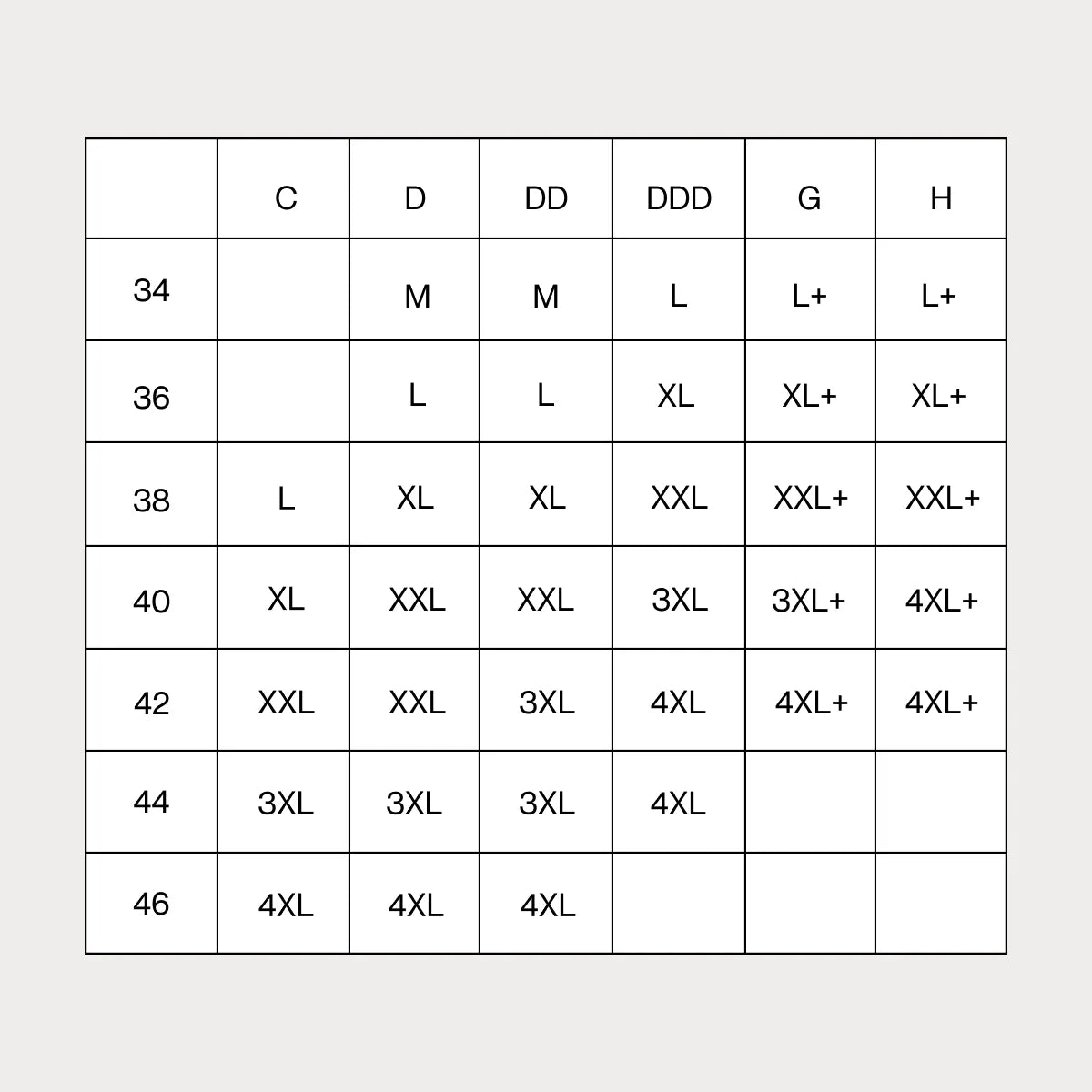 Smooth seamless comfort wireless bra size chart with cup and band ranges