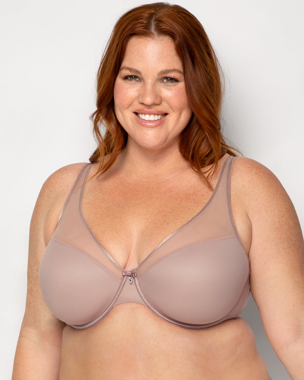 Sheer Mesh Plunge T-Shirt Bra, Bark Beige - Curvy Couture - Mesh