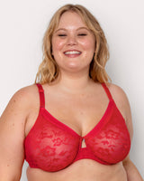 No-Show Lace Unlined Underwire Bra, Diva Red Red - Curvy Couture - Lace