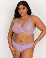 Sheer Mesh Full Coverage Unlined Underwire Bra, Lavender Shimmer Purple - Curvy Couture - Mesh