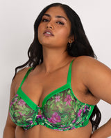 Sheer Mesh Full Coverage Unlined Underwire Bra, Lush Tropics Prints - Curvy Couture - Mesh