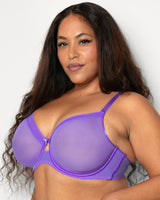 Sheer Mesh Full Coverage Unlined Underwire Bra, Violet Purple - Curvy Couture - Mesh