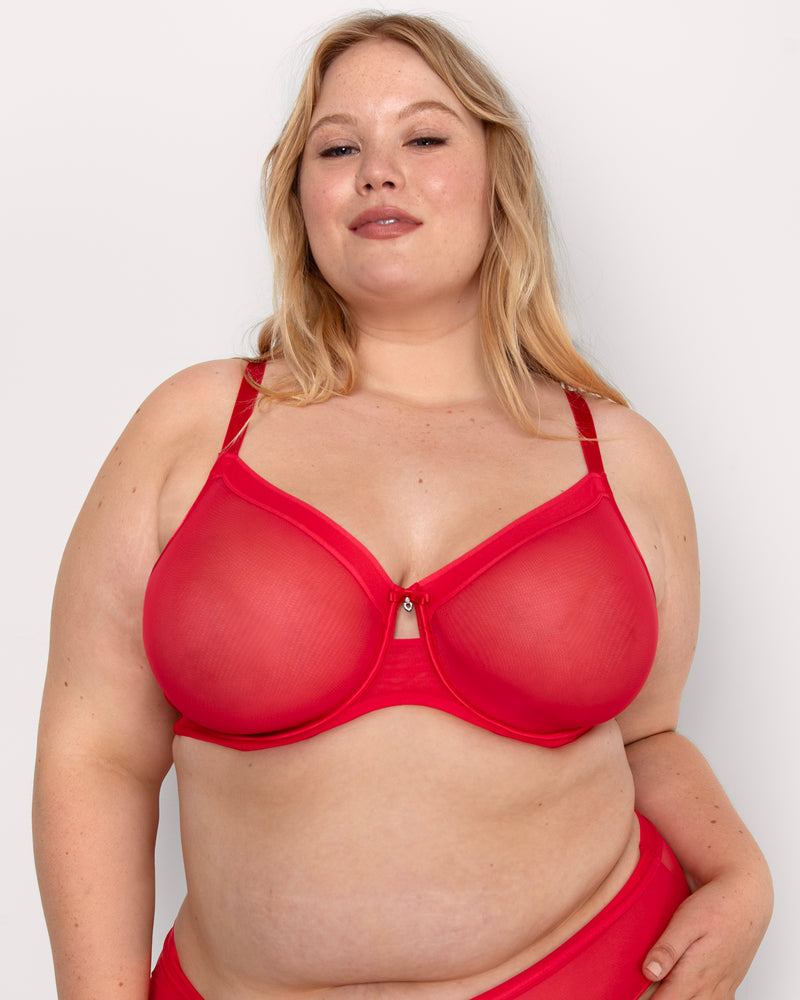 Curvy Couture Full Cup Bra 46DD Red Two layer Mesh Unlined