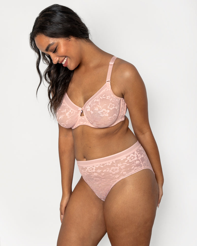 No-Show Lace High Cut Brief, Blushing Rose Pink - Curvy Couture - Lace