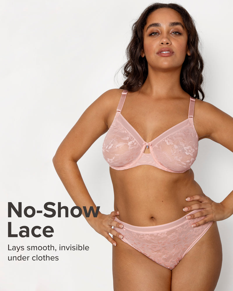 No-Show Lace Thong, Blushing Rose Pink - Curvy Couture - Lace
