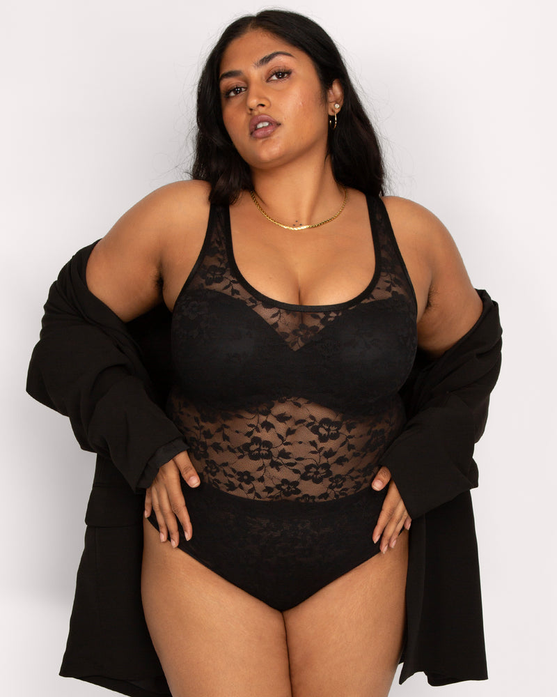 New Classic Black Embroidery Bodysuit Plus Size Bodycon Sexy Lace