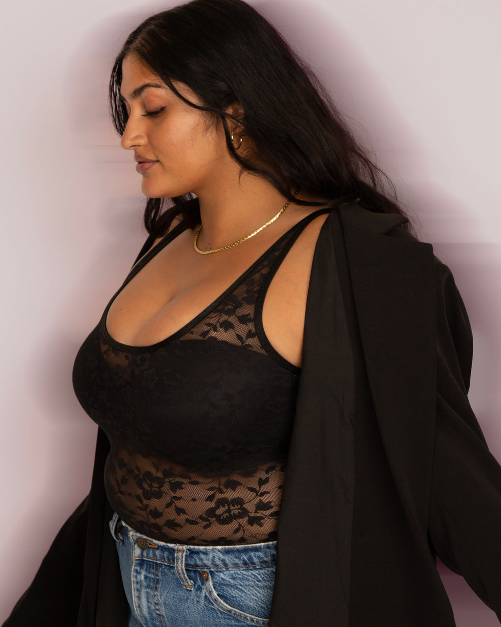 Adore Me | Sexy Lingerie For Women | Esme Unlined Plus Lace Bodysuit |  Plunge V-neck designt |Black | Available in Plus Sizes