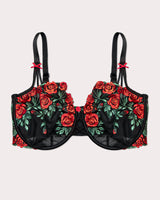 Lush Embroidery Unlined Full Coverage Balconette Bra, Rose Garden Black - Curvy Couture - Emb