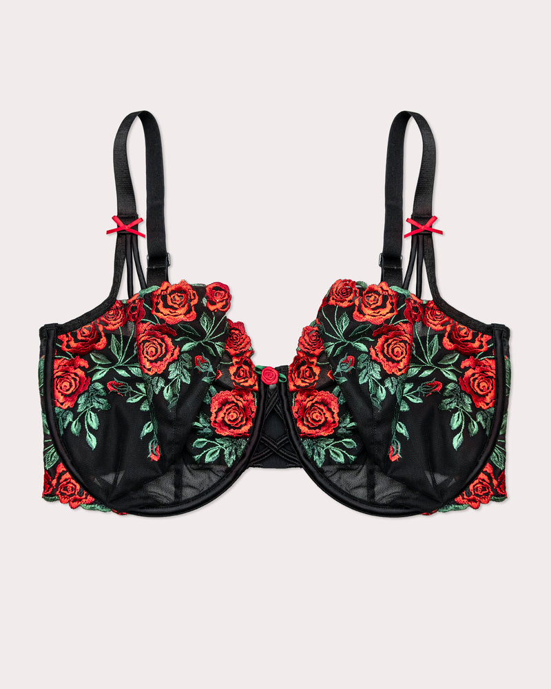 Lush Embroidery Unlined Full Coverage Balconette Bra, Rose Garden Black - Curvy Couture - Emb