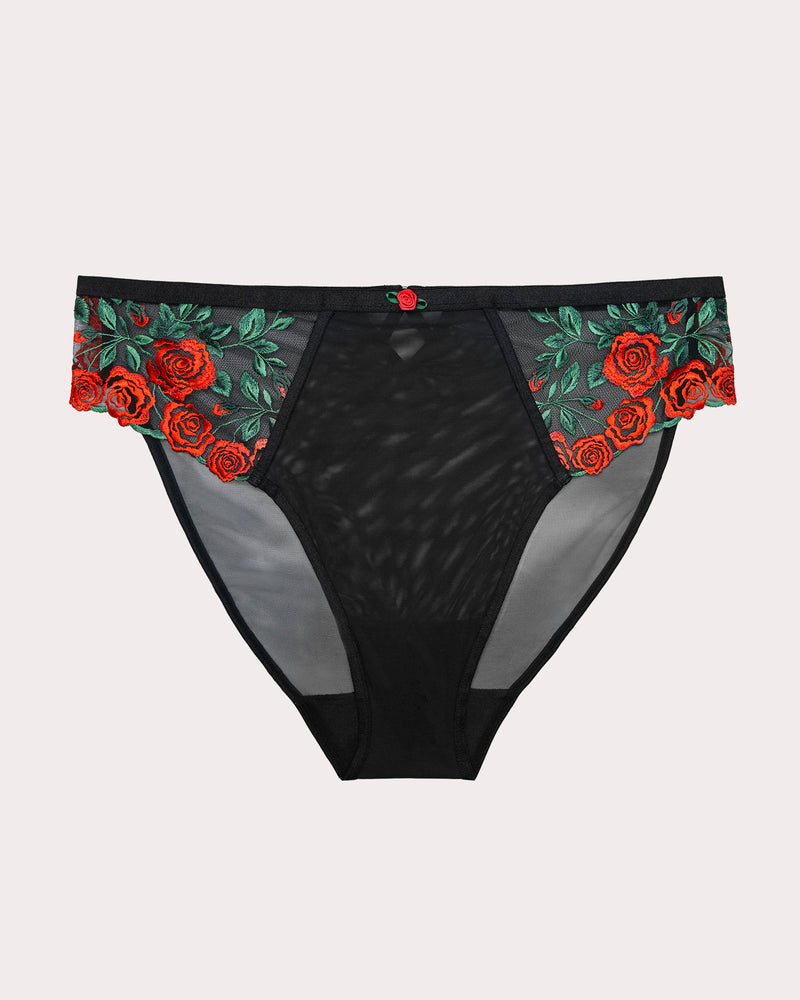 Lush Embroidery Strappy Back Brief, Rose Garden Black - Curvy Couture - Emb