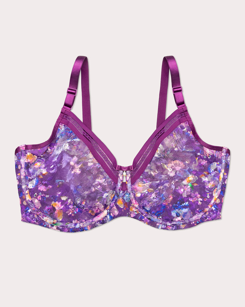 No-Show Printed Lace Unlined Bra, Enchanted Twilight Purple - Curvy Couture - Lace