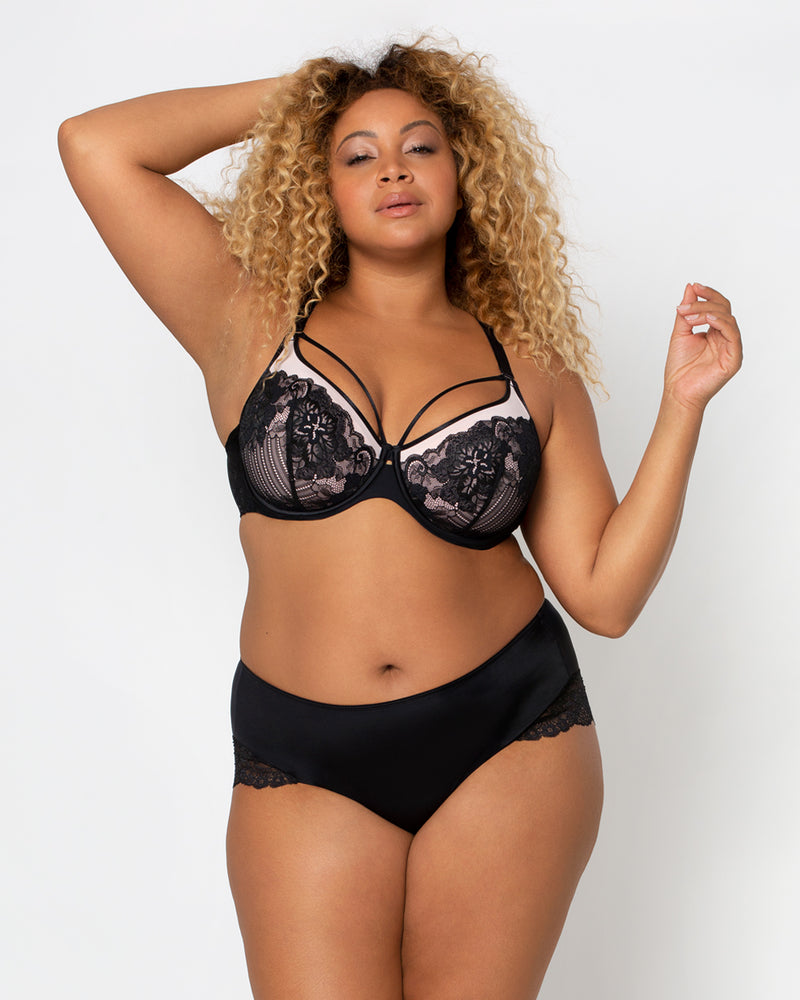 Curvy Couture Tulip Strappy Lace Push Up, Black/Adobe Rose, 34 DDD