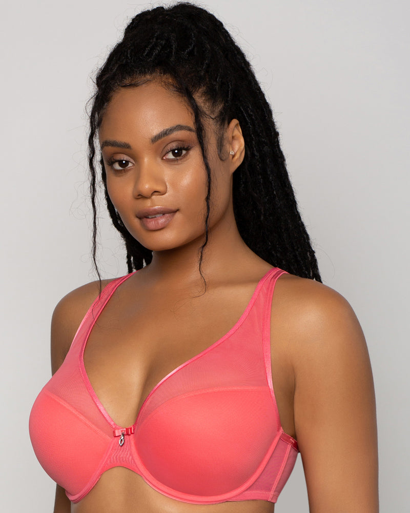 Sheer Mesh Plunge T-Shirt Bra - Sun Kissed Coral – Curvy Couture