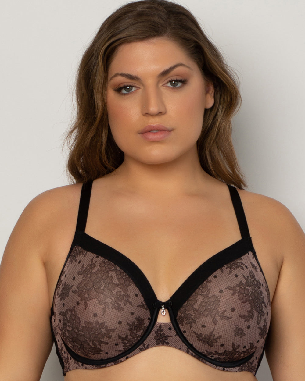 Curvy Couture Women's Solid Sheer Mesh Full Coverage Unlined Underwire Bra  Chocolate 38DDD