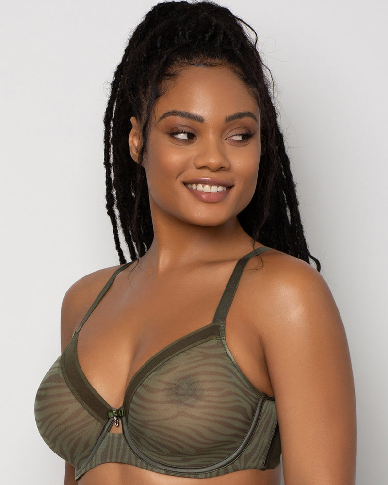 Sheer Mesh Full Coverage Unlined Underwire Bra - Olive Waves – Curvy Couture
