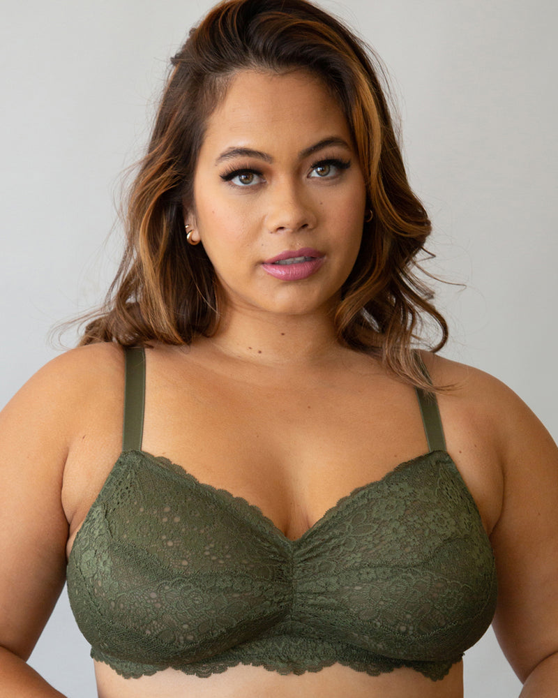 Luxe Lace Wireless Bralette - Olive Night – Curvy Couture