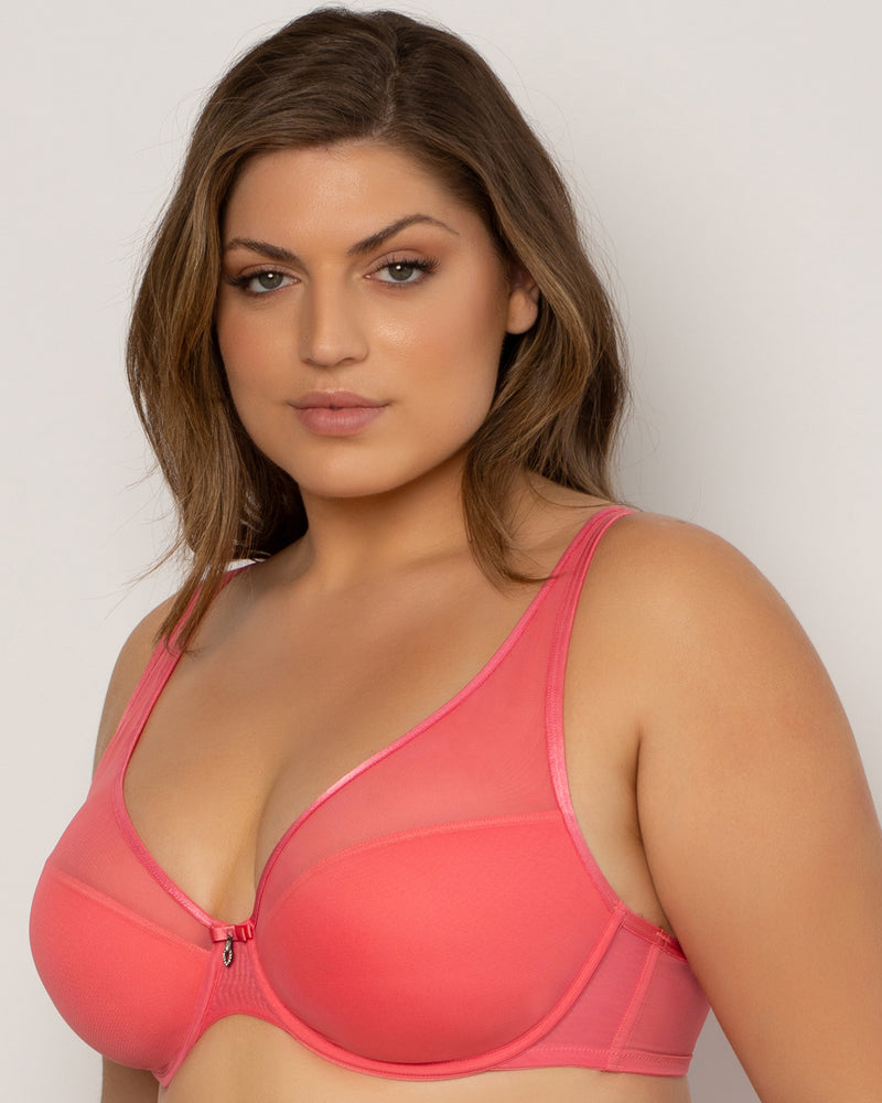 Curvy Couture Women's Sheer Mesh Full Coverage Unlined Underwire Bra Sun  Kissed Coral 42c : Target