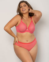 Sheer Mesh Full Coverage Unlined Underwire Bra - Sun Kissed Coral